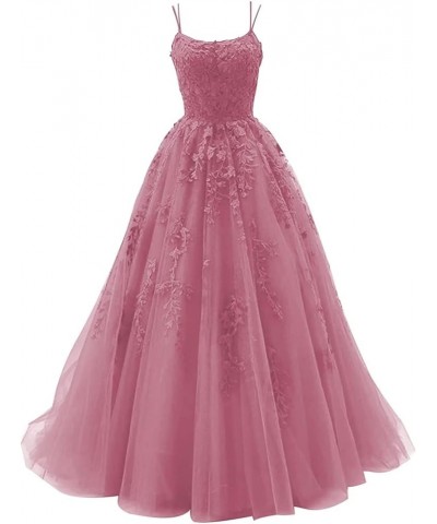 Tulle Spaghetti Straps Prom Dresses Long Lace Appliques Ball Gowns for Women Dusty Pink $34.19 Dresses