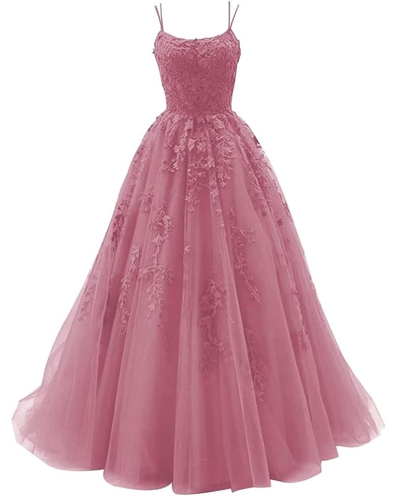 Tulle Spaghetti Straps Prom Dresses Long Lace Appliques Ball Gowns for Women Dusty Pink $34.19 Dresses