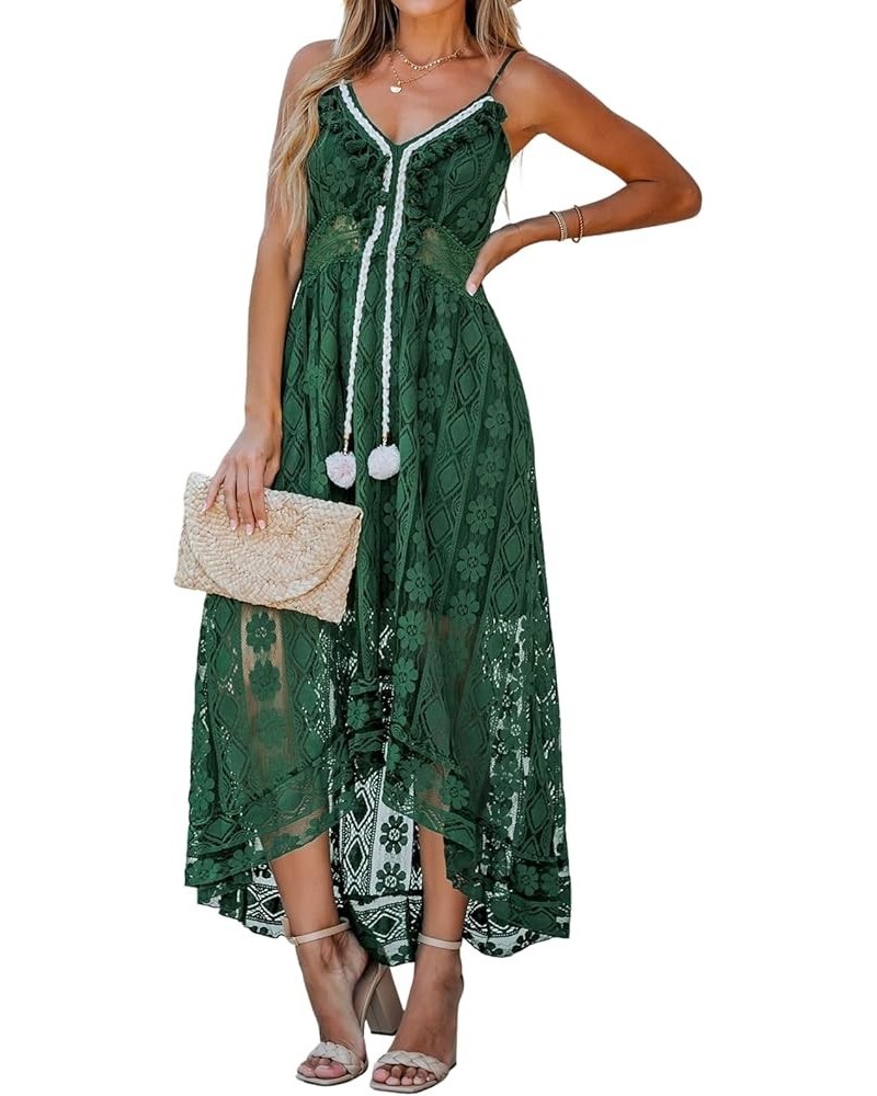 Women's Lace Dresses Boho Tassel V-Neck Flare Ruffle Adjustable Straps Beach Summer Maxi Dress Olive Green $27.47 Dresses