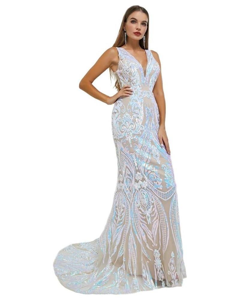 Women's V-Neck Sequins Mermaid Prom Evening Party Dress Sleeveless Lace-up Celebrity Pageant Gown White 1 $55.69 Dresses