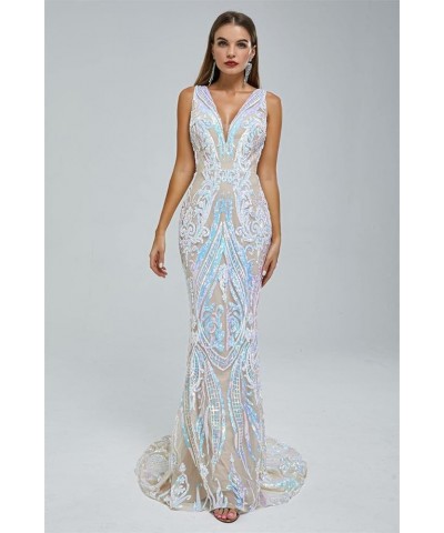 Women's V-Neck Sequins Mermaid Prom Evening Party Dress Sleeveless Lace-up Celebrity Pageant Gown White 1 $55.69 Dresses