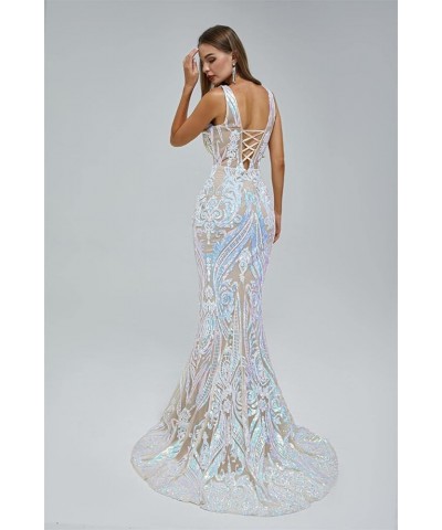 Women's V-Neck Sequins Mermaid Prom Evening Party Dress Sleeveless Lace-up Celebrity Pageant Gown White 1 $55.69 Dresses