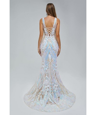 Women's V-Neck Sequins Mermaid Prom Evening Party Dress Sleeveless Lace-up Celebrity Pageant Gown White 1 $55.69 Dresses