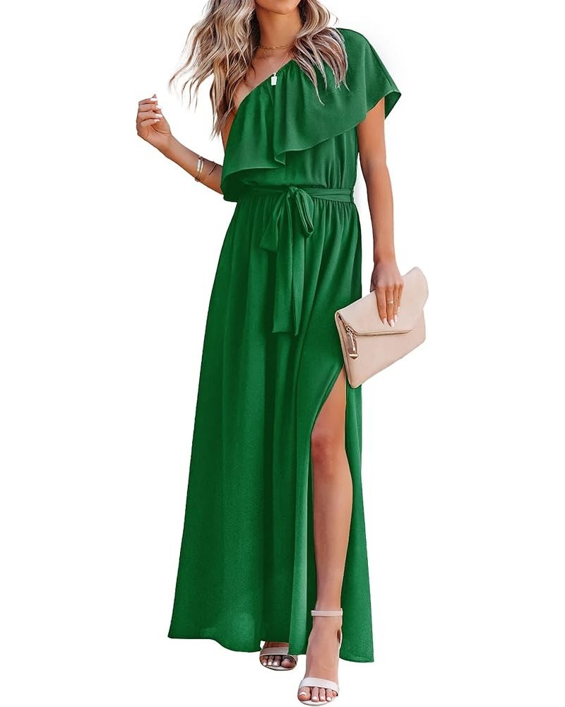 Womens Summer Maxi Dress Ruffle One Shoulder High Waist Split Beach Party Wedding Guest Long Dresses with Belt Green $14.49 D...