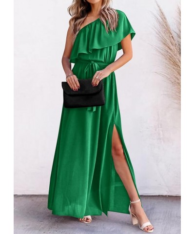 Womens Summer Maxi Dress Ruffle One Shoulder High Waist Split Beach Party Wedding Guest Long Dresses with Belt Green $14.49 D...