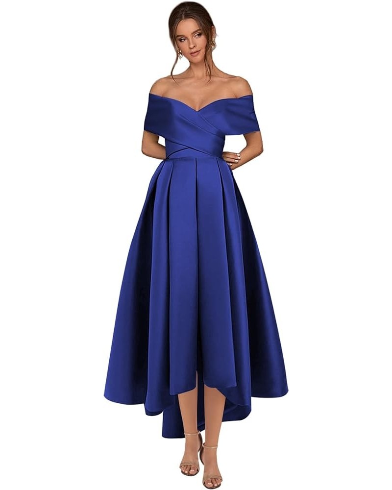 Women’s High Low Satin Prom Dress with Pockets Off The Shoulder Formal Cocktail Homecoming Dresses Royal Blue $36.75 Dresses