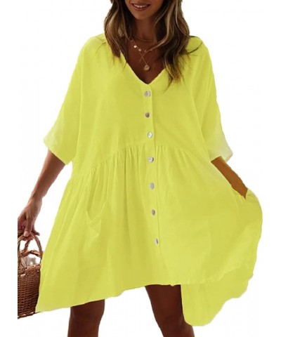 Women Casual Swimsuit Cover Up Blouses Button Down Beach Tunic Dress Bathing Suit Coverup A-light Yellow $13.20 Swimsuits