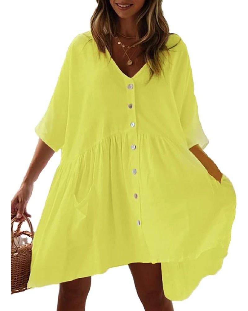 Women Casual Swimsuit Cover Up Blouses Button Down Beach Tunic Dress Bathing Suit Coverup A-light Yellow $13.20 Swimsuits