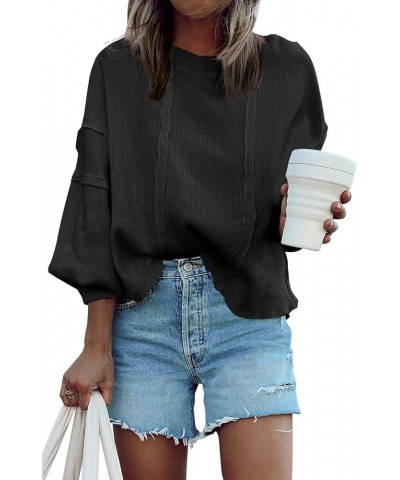 Women's Oversized Waffle Knit Pullover Casual Long Sleeve Tops Trendy Round Neck Tunic Shirts Black $15.20 Tops