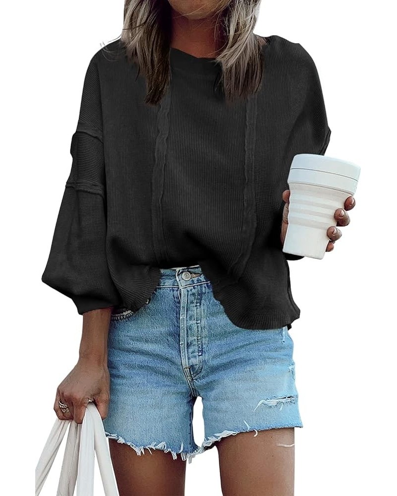 Women's Oversized Waffle Knit Pullover Casual Long Sleeve Tops Trendy Round Neck Tunic Shirts Black $15.20 Tops