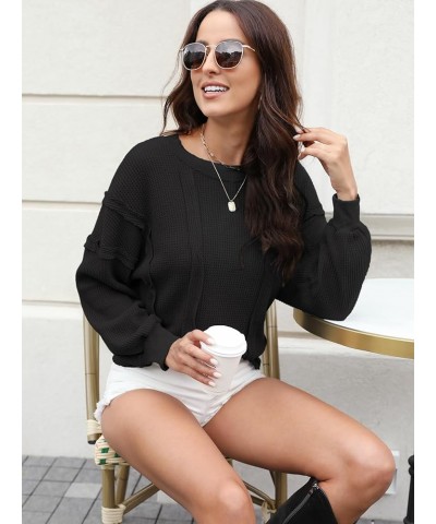 Women's Oversized Waffle Knit Pullover Casual Long Sleeve Tops Trendy Round Neck Tunic Shirts Black $15.20 Tops