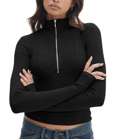 Women's Long Sleeve Crop T-Shirts Half Zip Mock Neck Cropped Sweatshirts Casual Slim Fit Solid Tops Black $14.71 T-Shirts