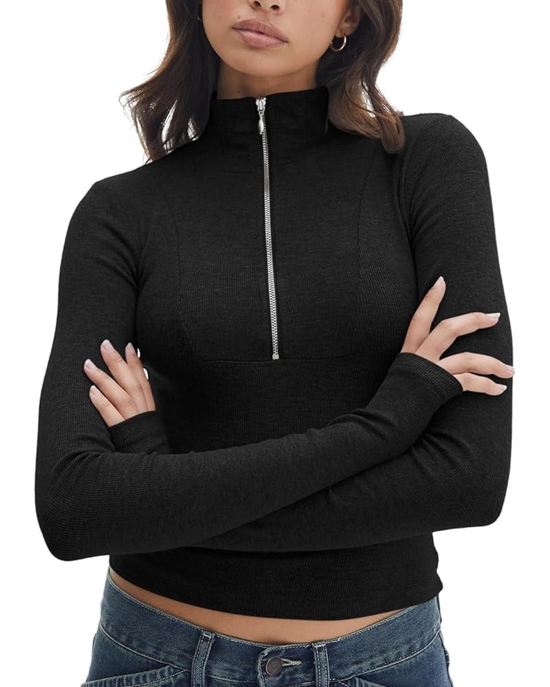 Women's Long Sleeve Crop T-Shirts Half Zip Mock Neck Cropped Sweatshirts Casual Slim Fit Solid Tops Black $14.71 T-Shirts