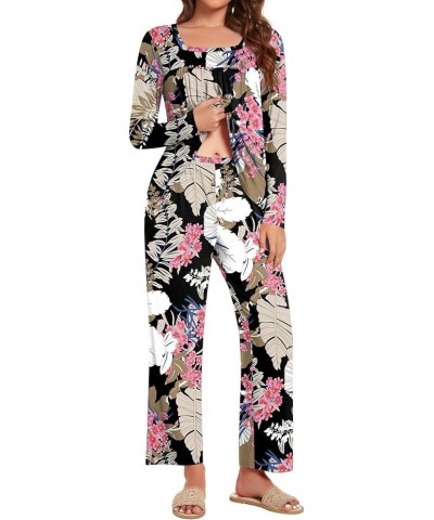 Women's 2-piece Fall Long Sleeve Pajama Set Square Neck Nightwear Pants With Pockets Fold Large Leaf Pink Flower $14.26 Sleep...