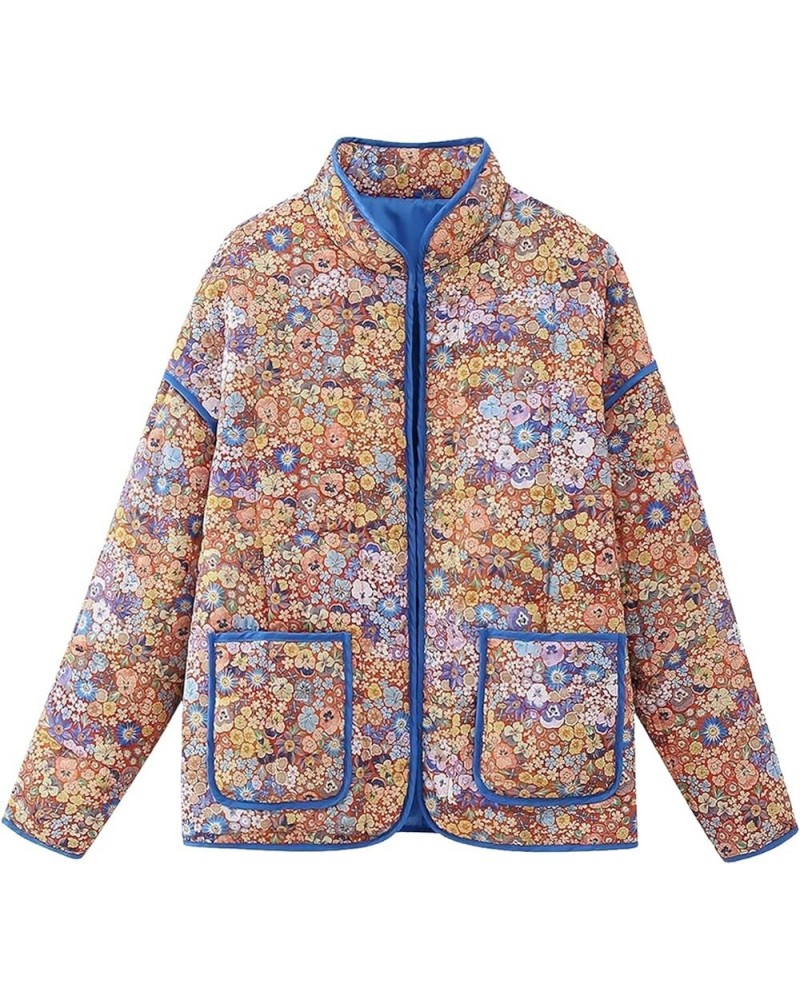 Womens Floral Print Puffer Jacket Lightweight Open Front Down Jacket Cardigan Quilted Coats Yellow $27.02 Jackets