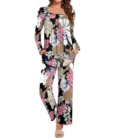 Women's 2-piece Fall Long Sleeve Pajama Set Square Neck Nightwear Pants With Pockets Fold Large Leaf Pink Flower $14.26 Sleep...