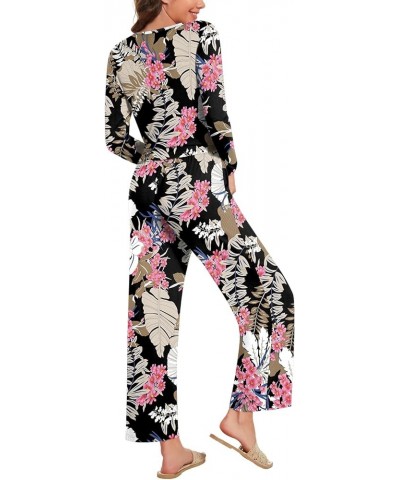 Women's 2-piece Fall Long Sleeve Pajama Set Square Neck Nightwear Pants With Pockets Fold Large Leaf Pink Flower $14.26 Sleep...