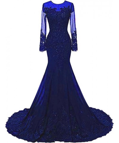 Mermaid Prom Dresses Long Sleeves Lace Beaded Appliques Formal Evening Dresses Ball Gowns for Women Royal Blue $48.30 Dresses