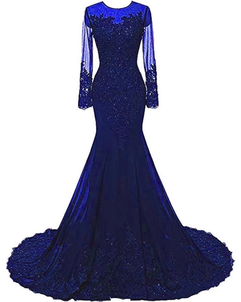 Mermaid Prom Dresses Long Sleeves Lace Beaded Appliques Formal Evening Dresses Ball Gowns for Women Royal Blue $48.30 Dresses