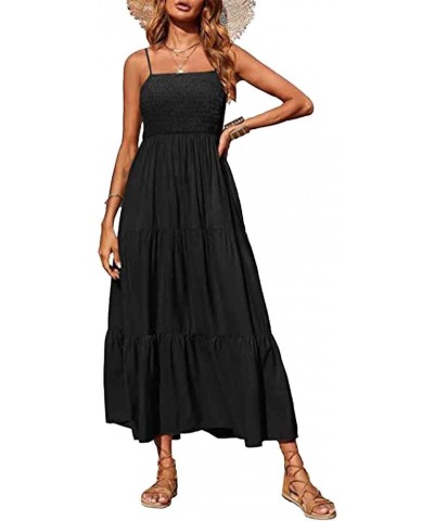 Women's Square Neck Halter Lace Up Criss Cross Maxi Dress Tie Back Sleeveless Smocked Ruched A Line Dress Strap-black $16.73 ...