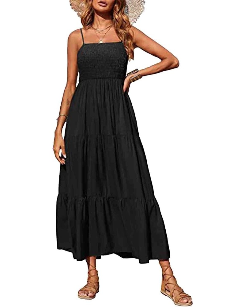 Women's Square Neck Halter Lace Up Criss Cross Maxi Dress Tie Back Sleeveless Smocked Ruched A Line Dress Strap-black $16.73 ...