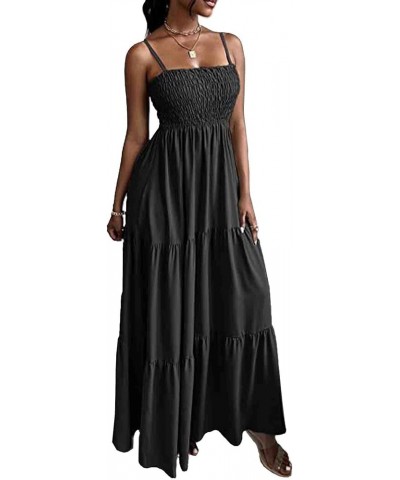 Women's Square Neck Halter Lace Up Criss Cross Maxi Dress Tie Back Sleeveless Smocked Ruched A Line Dress Strap-black $16.73 ...