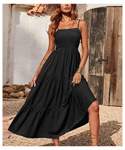 Women's Square Neck Halter Lace Up Criss Cross Maxi Dress Tie Back Sleeveless Smocked Ruched A Line Dress Strap-black $16.73 ...