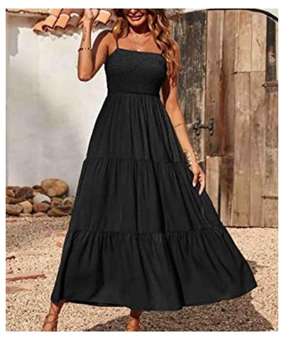 Women's Square Neck Halter Lace Up Criss Cross Maxi Dress Tie Back Sleeveless Smocked Ruched A Line Dress Strap-black $16.73 ...