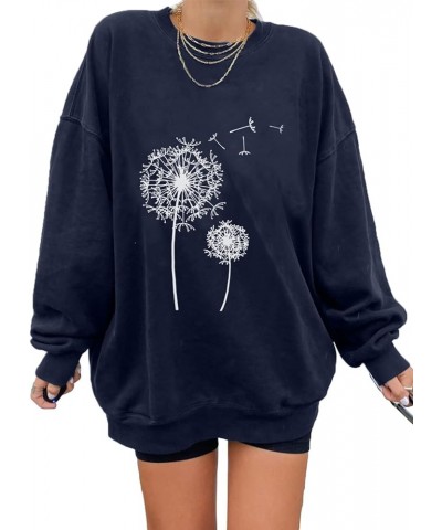 Womens Vintage Basic Oversized Crewneck Long Tunic Sweatshirts Pullover Tops B Dandelion Blue $22.16 Hoodies & Sweatshirts