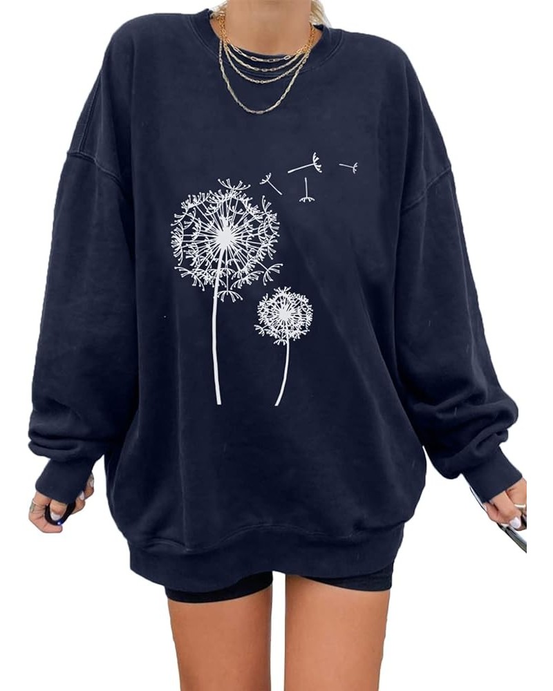 Womens Vintage Basic Oversized Crewneck Long Tunic Sweatshirts Pullover Tops B Dandelion Blue $22.16 Hoodies & Sweatshirts