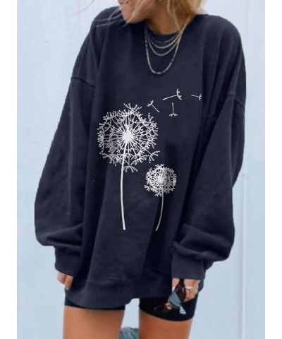 Womens Vintage Basic Oversized Crewneck Long Tunic Sweatshirts Pullover Tops B Dandelion Blue $22.16 Hoodies & Sweatshirts