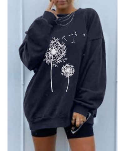 Womens Vintage Basic Oversized Crewneck Long Tunic Sweatshirts Pullover Tops B Dandelion Blue $22.16 Hoodies & Sweatshirts