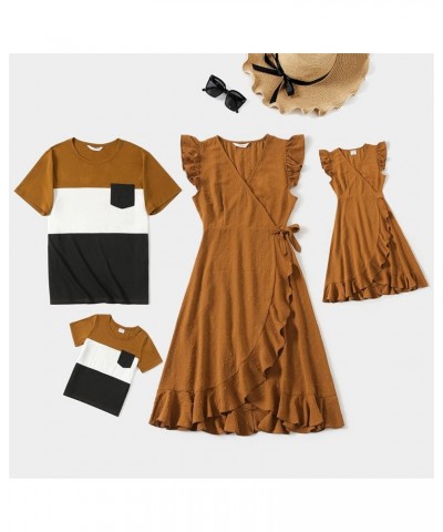 Family Matching Outfits Mother Daughter Ruffle Flutter-Sleeve Bowknot Dresses and Short-Sleeve T-Shirts Sets Girl Khaki $14.7...