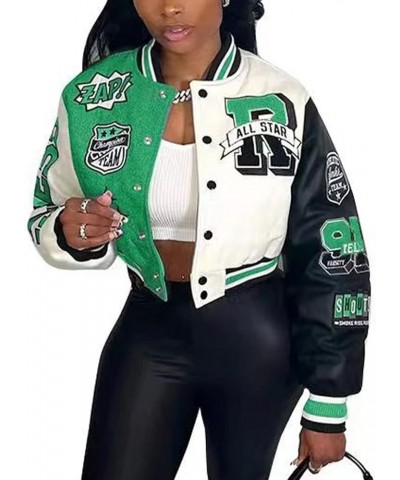 Women Varsity Jacket Crop Baseball Letterman Bomber Jacket Faux Leather Contrast Color Coat Y2k A Green $29.06 Jackets