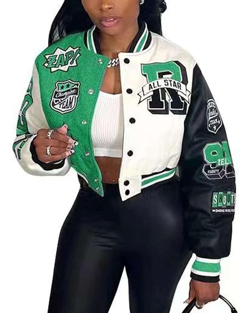 Women Varsity Jacket Crop Baseball Letterman Bomber Jacket Faux Leather Contrast Color Coat Y2k A Green $29.06 Jackets