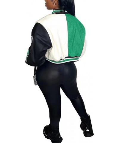 Women Varsity Jacket Crop Baseball Letterman Bomber Jacket Faux Leather Contrast Color Coat Y2k A Green $29.06 Jackets