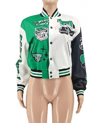 Women Varsity Jacket Crop Baseball Letterman Bomber Jacket Faux Leather Contrast Color Coat Y2k A Green $29.06 Jackets