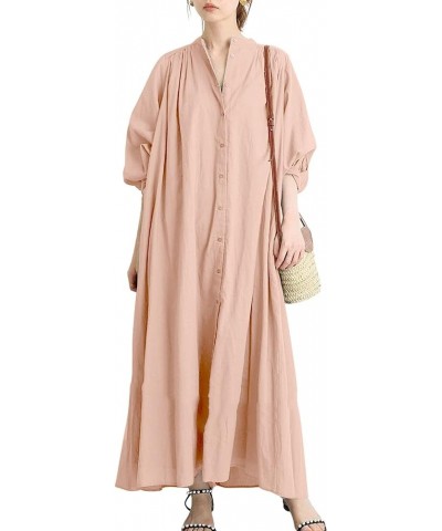 Women's Loose Bishop Sleeve Maxi Shirt Dress Spring Summer Cotton Button Down Dress Pink $17.69 Dresses