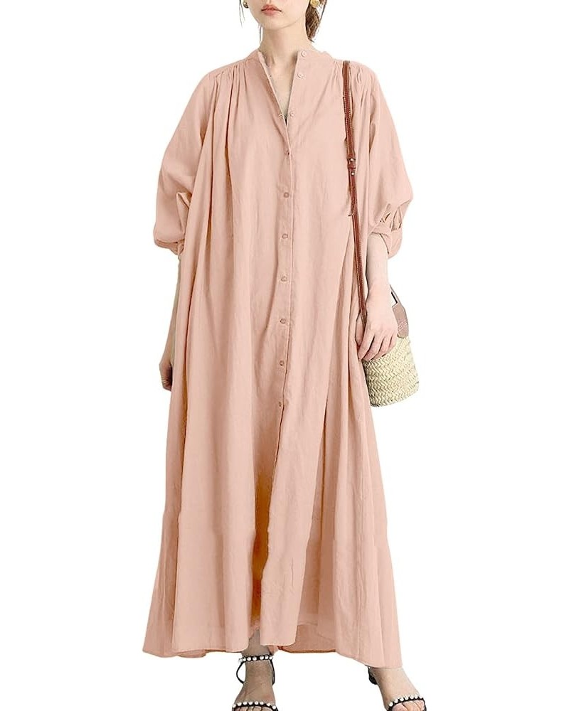 Women's Loose Bishop Sleeve Maxi Shirt Dress Spring Summer Cotton Button Down Dress Pink $17.69 Dresses