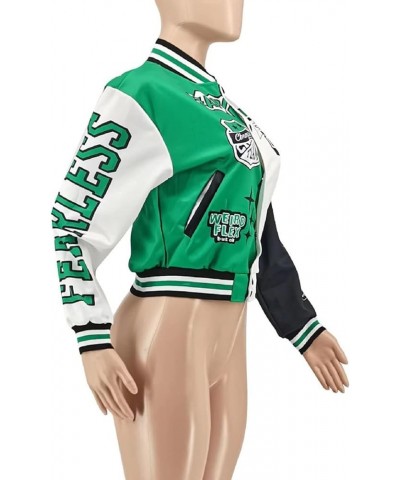 Women Varsity Jacket Crop Baseball Letterman Bomber Jacket Faux Leather Contrast Color Coat Y2k A Green $29.06 Jackets