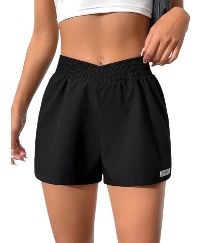 Women's Letter Patched Overlay Waist Shorts Straight Leg Elastic Waist Casual Shorts Black $11.01 Shorts