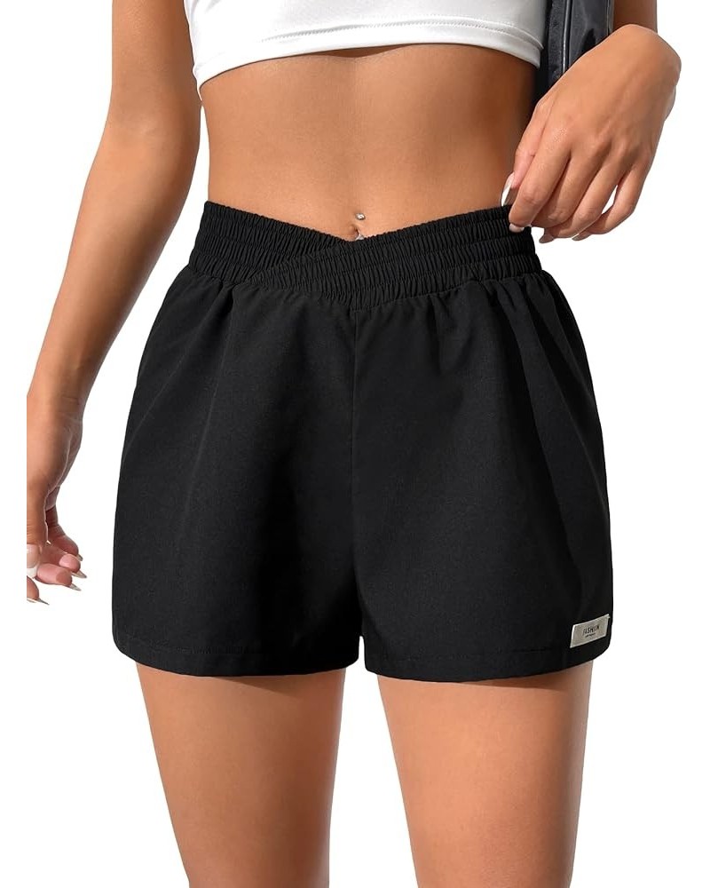 Women's Letter Patched Overlay Waist Shorts Straight Leg Elastic Waist Casual Shorts Black $11.01 Shorts