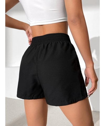 Women's Letter Patched Overlay Waist Shorts Straight Leg Elastic Waist Casual Shorts Black $11.01 Shorts