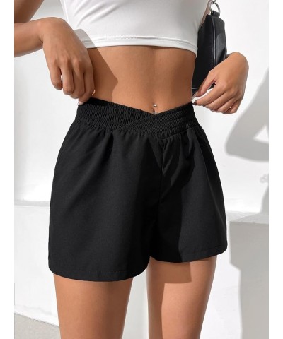 Women's Letter Patched Overlay Waist Shorts Straight Leg Elastic Waist Casual Shorts Black $11.01 Shorts