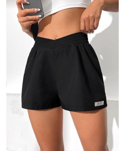 Women's Letter Patched Overlay Waist Shorts Straight Leg Elastic Waist Casual Shorts Black $11.01 Shorts