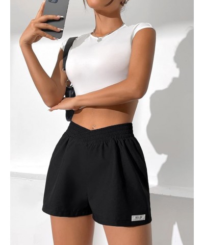 Women's Letter Patched Overlay Waist Shorts Straight Leg Elastic Waist Casual Shorts Black $11.01 Shorts