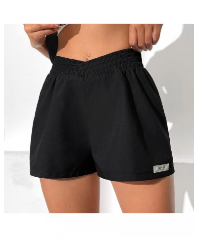 Women's Letter Patched Overlay Waist Shorts Straight Leg Elastic Waist Casual Shorts Black $11.01 Shorts