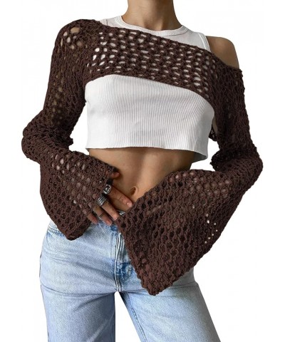 Women Grunge Crochet Knit See Through Crop Tops Cover Up Shrug Long Sleeve Crew Neck Casual Cropped Smock Top Coffee $14.27 S...