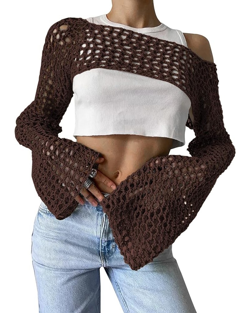 Women Grunge Crochet Knit See Through Crop Tops Cover Up Shrug Long Sleeve Crew Neck Casual Cropped Smock Top Coffee $14.27 S...