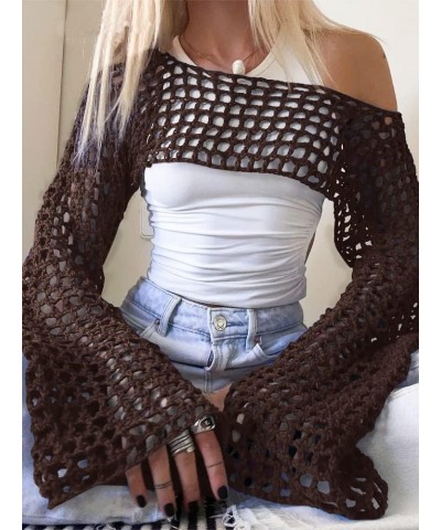 Women Grunge Crochet Knit See Through Crop Tops Cover Up Shrug Long Sleeve Crew Neck Casual Cropped Smock Top Coffee $14.27 S...